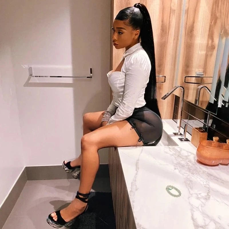 Bomblook M20882P Net Yarn Women Skirt 2024 New Arrival Solid Color Splice Sexy Mini Skirt See-through Streetwear