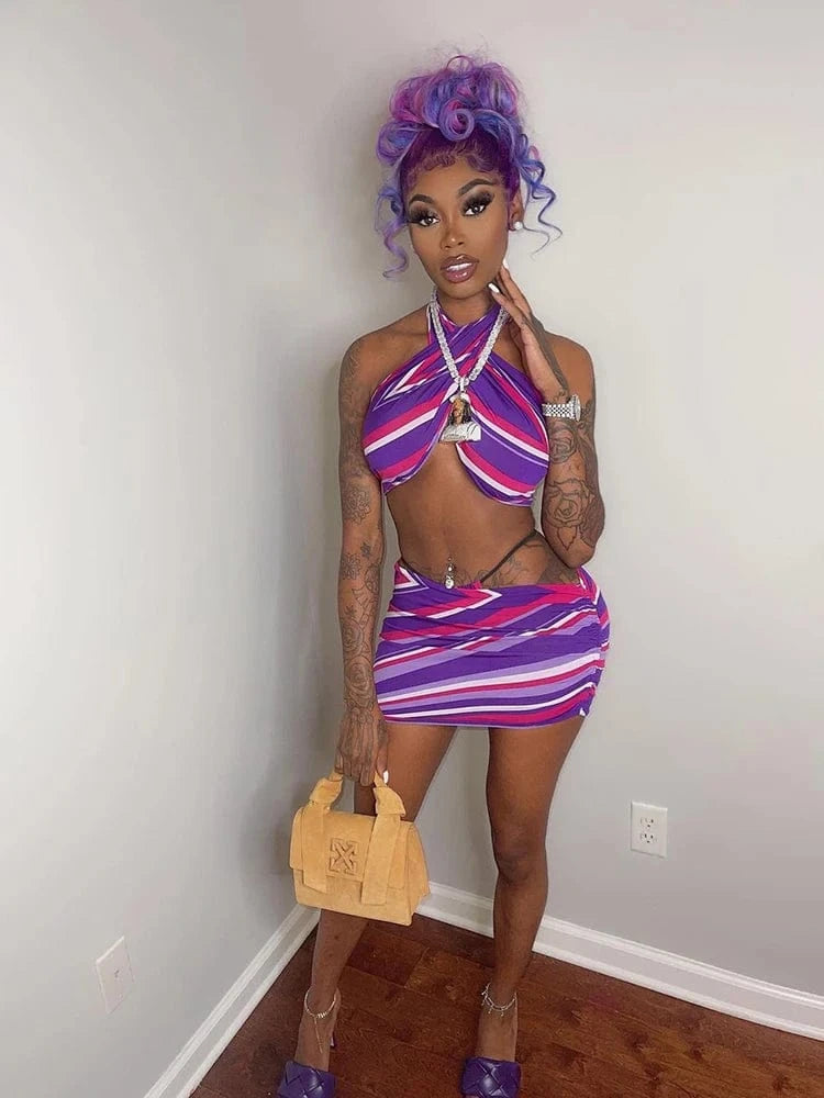 Bomblook M21ST159 Sexy Halter Women Two Piece Set 2024 New Arrival Spring And Summer Printed Halter Halter Short Top