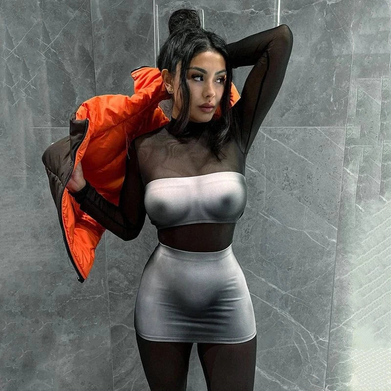 Bomblook M23DS640 2024 Spring Sexy Outfits Dress For Women New Fashion Sheer Mini Bodycon Dress With Body Print Dresses