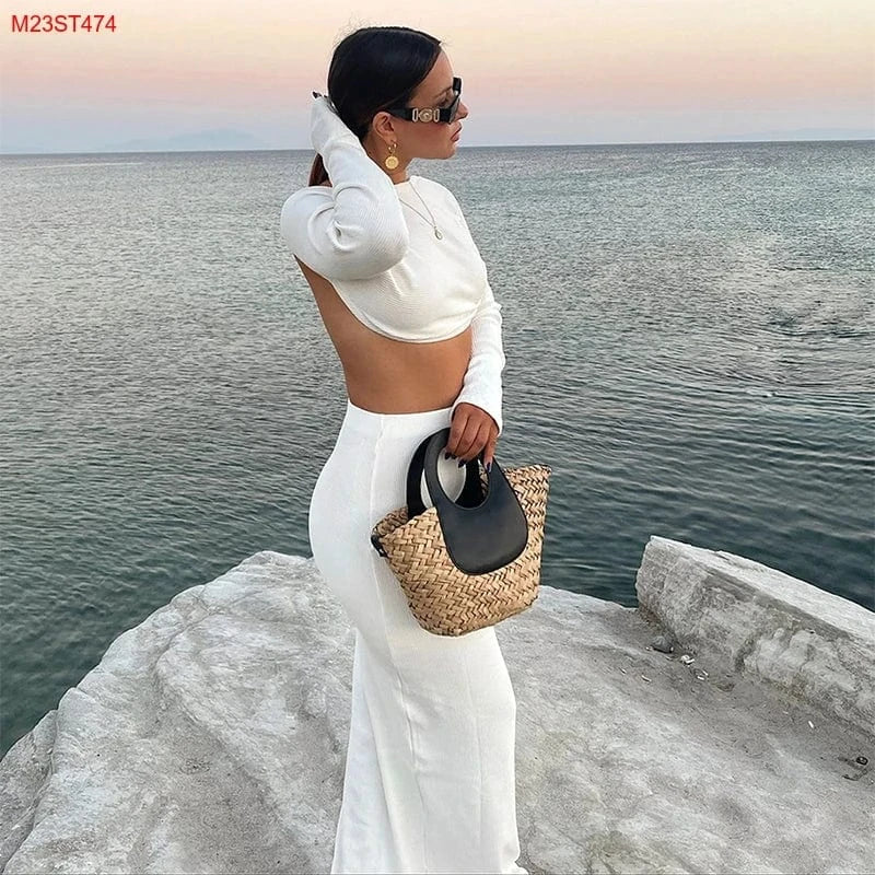 Bomblook M23ST474 Autumn Crop Backless Long Sleeve Skirt Set Two Piece Set Women Clothing Loungewear Women Sets