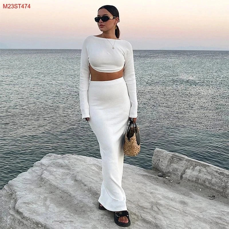 Bomblook M23ST474 Autumn Crop Backless Long Sleeve Skirt Set Two Piece Set Women Clothing Loungewear Women Sets