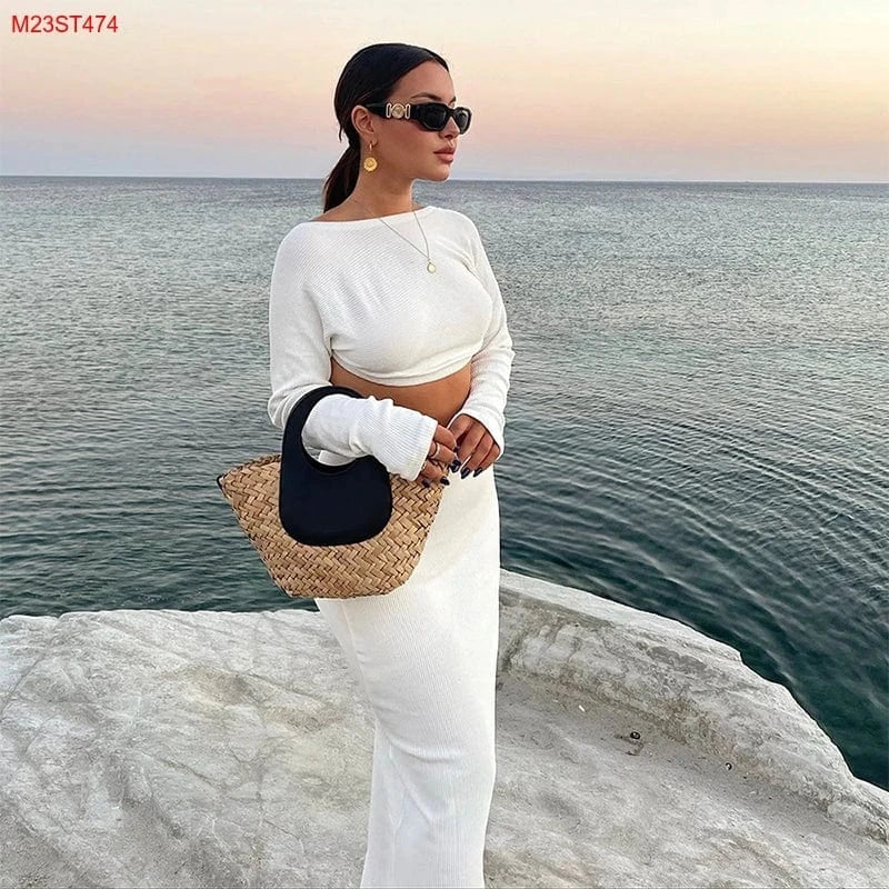 Bomblook M23ST474 Autumn Crop Backless Long Sleeve Skirt Set Two Piece Set Women Clothing Loungewear Women Sets