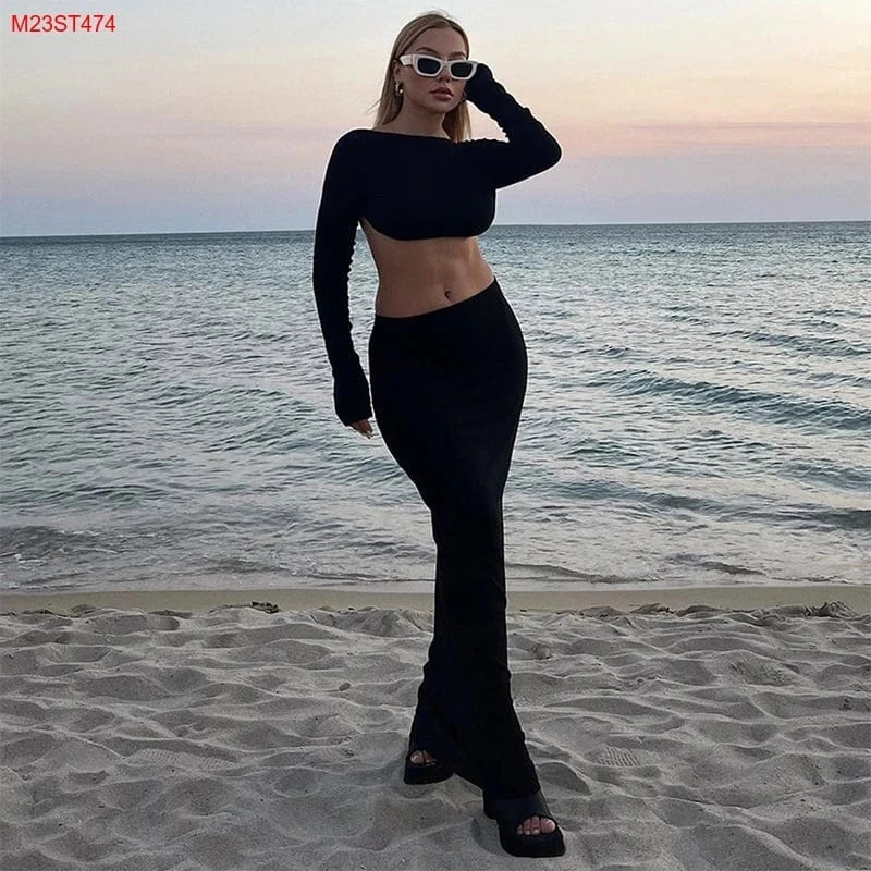 Bomblook M23ST474 Autumn Crop Backless Long Sleeve Skirt Set Two Piece Set Women Clothing Loungewear Women Sets