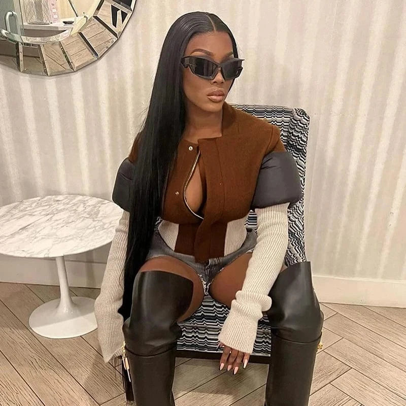 Bomblook M23TP672 2024 Woolen Newfashionable Street Patchwork Drop Waist Jacket Rib Knit Jacket Spring Jacket