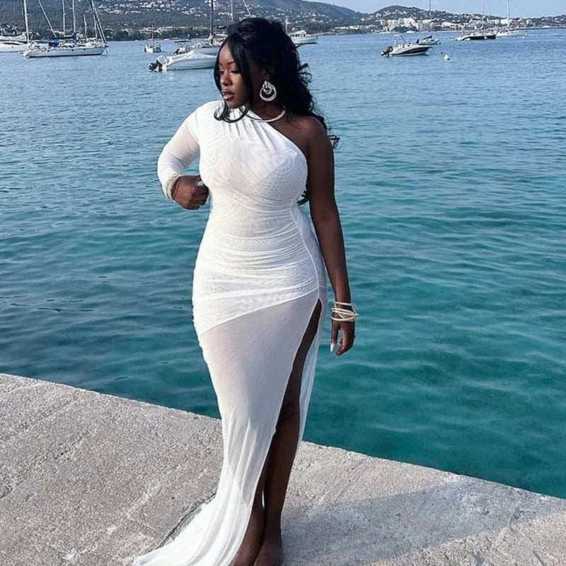 Bomblook Q23DS718 Sexy Slit Outfit Sheer Mesh 2024 Spring Sleeveless Dresses Midi Irregular Shoulder Dress Women Dress