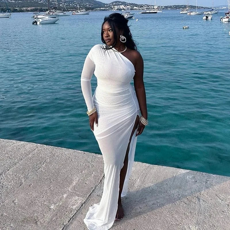 Bomblook Q23DS718 Sexy Slit Outfit Sheer Mesh 2024 Spring Sleeveless Dresses Midi Irregular Shoulder Dress Women Dress