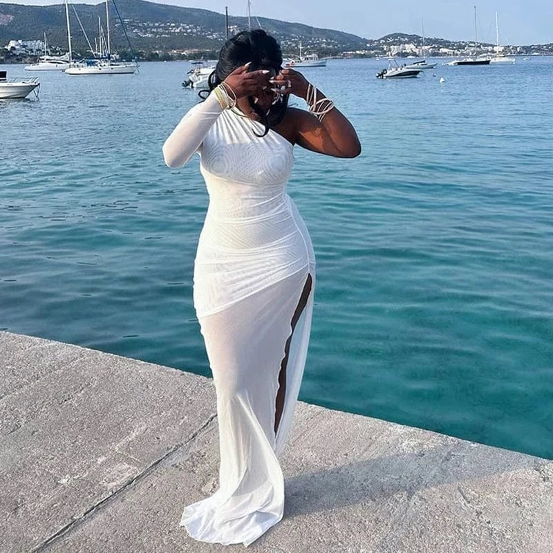Bomblook Q23DS718 Sexy Slit Outfit Sheer Mesh 2024 Spring Sleeveless Dresses Midi Irregular Shoulder Dress Women Dress