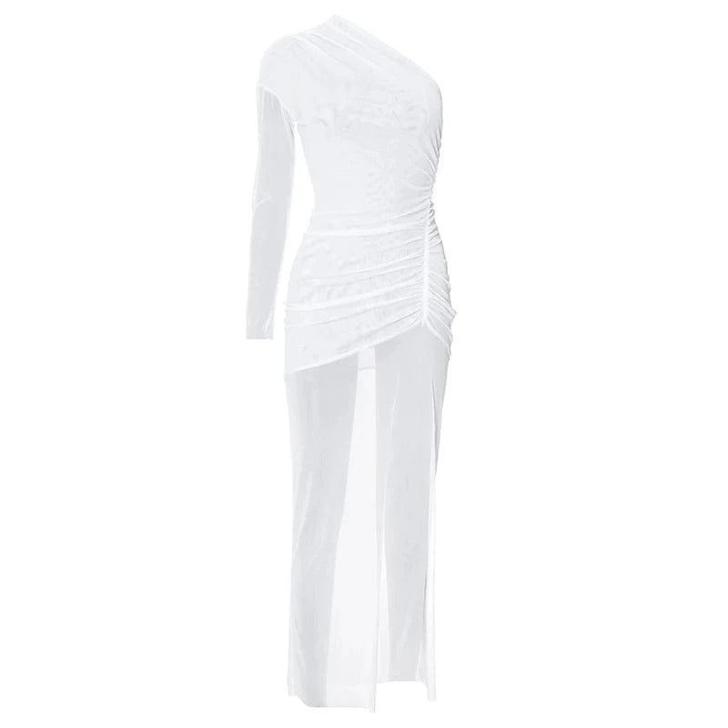 Bomblook Q23DS718 Sexy Slit Outfit Sheer Mesh 2024 Spring Sleeveless Dresses Midi Irregular Shoulder Dress Women Dress