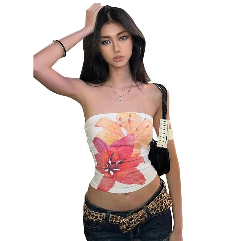 Bomblook Q24TP398 Flower Print Slim Fit and Slimming Fit Tight Strapless Fashion Top for Women's Summer Collection