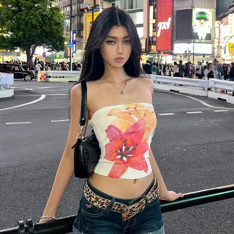 Bomblook Q24TP398 Flower Print Slim Fit and Slimming Fit Tight Strapless Fashion Top for Women's Summer Collection