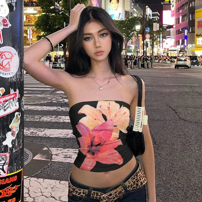 Bomblook Q24TP398 Flower Print Slim Fit and Slimming Fit Tight Strapless Fashion Top for Women's Summer Collection