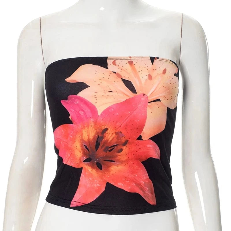 Bomblook Q24TP398 Flower Print Slim Fit and Slimming Fit Tight Strapless Fashion Top for Women's Summer Collection