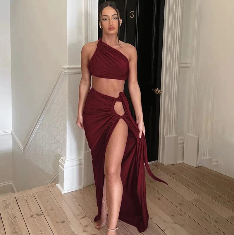 Bomblook Y305ST Elegant Outfits Irregular Ruched Top Two Piece Set With Maxi Slit Skirt Women Sets Women Slim Two Piece Set