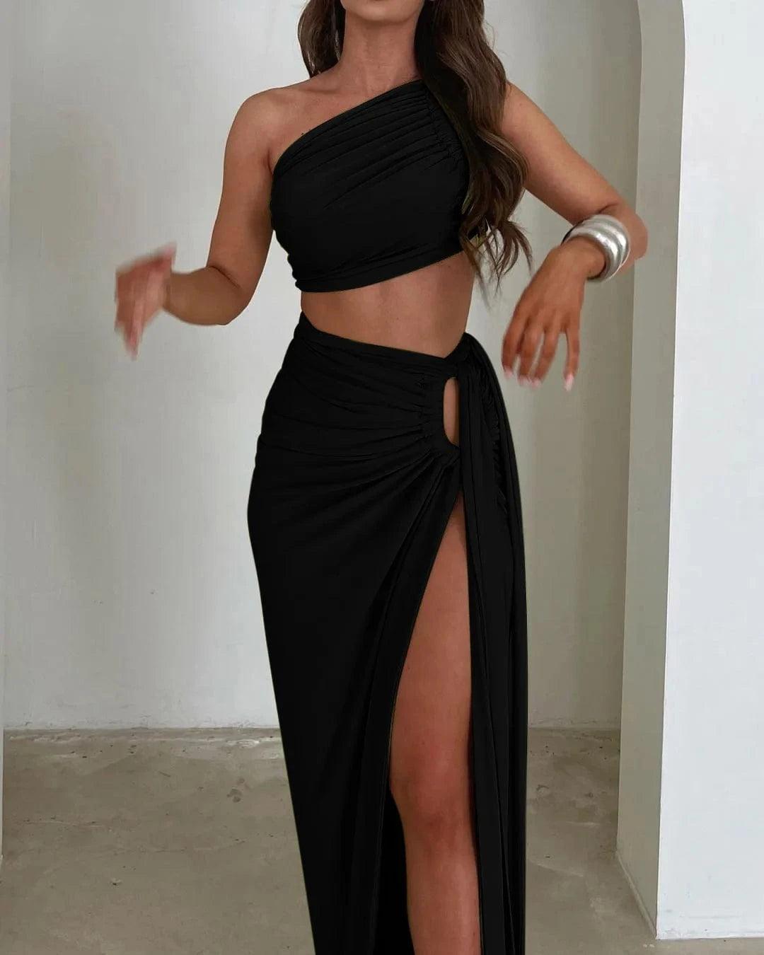 Bomblook Y305ST Elegant Outfits Irregular Ruched Top Two Piece Set With Maxi Slit Skirt Women Sets Women Slim Two Piece Set