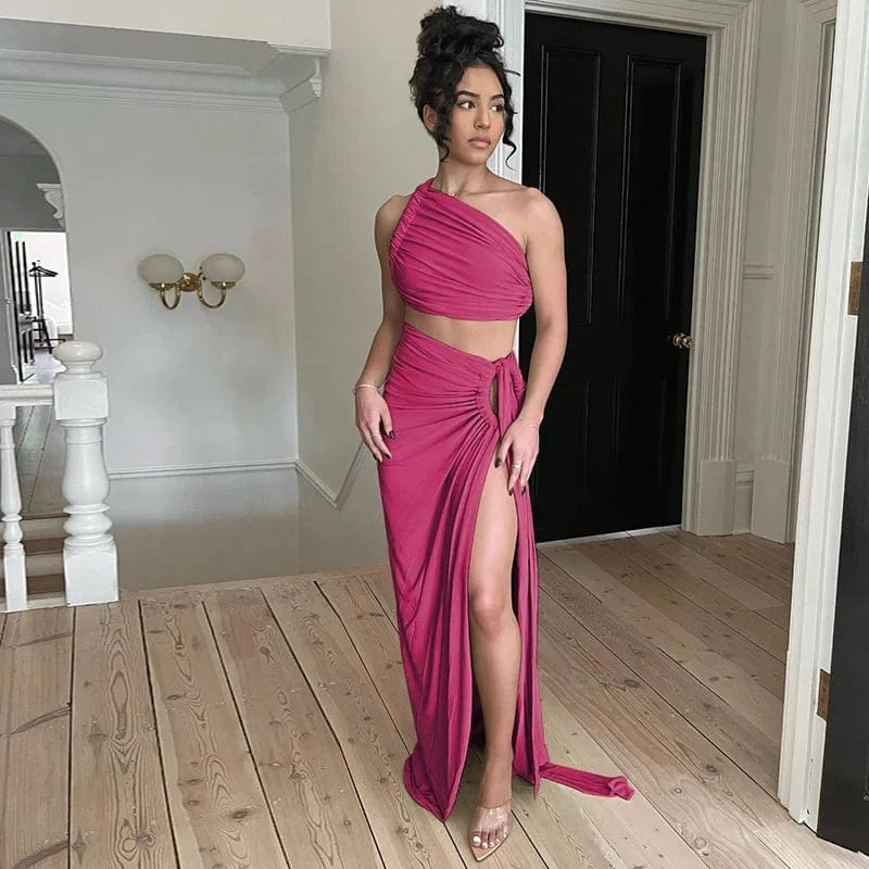Bomblook Y305ST Elegant Outfits Irregular Ruched Top Two Piece Set With Maxi Slit Skirt Women Sets Women Slim Two Piece Set
