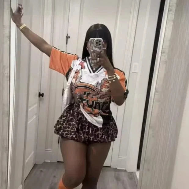 Bomblook Z1007ST02 Women V Neck Top And Mini Puffy Skirts Outfits Graphic Printing Loose Tshirts Two Piece Sets