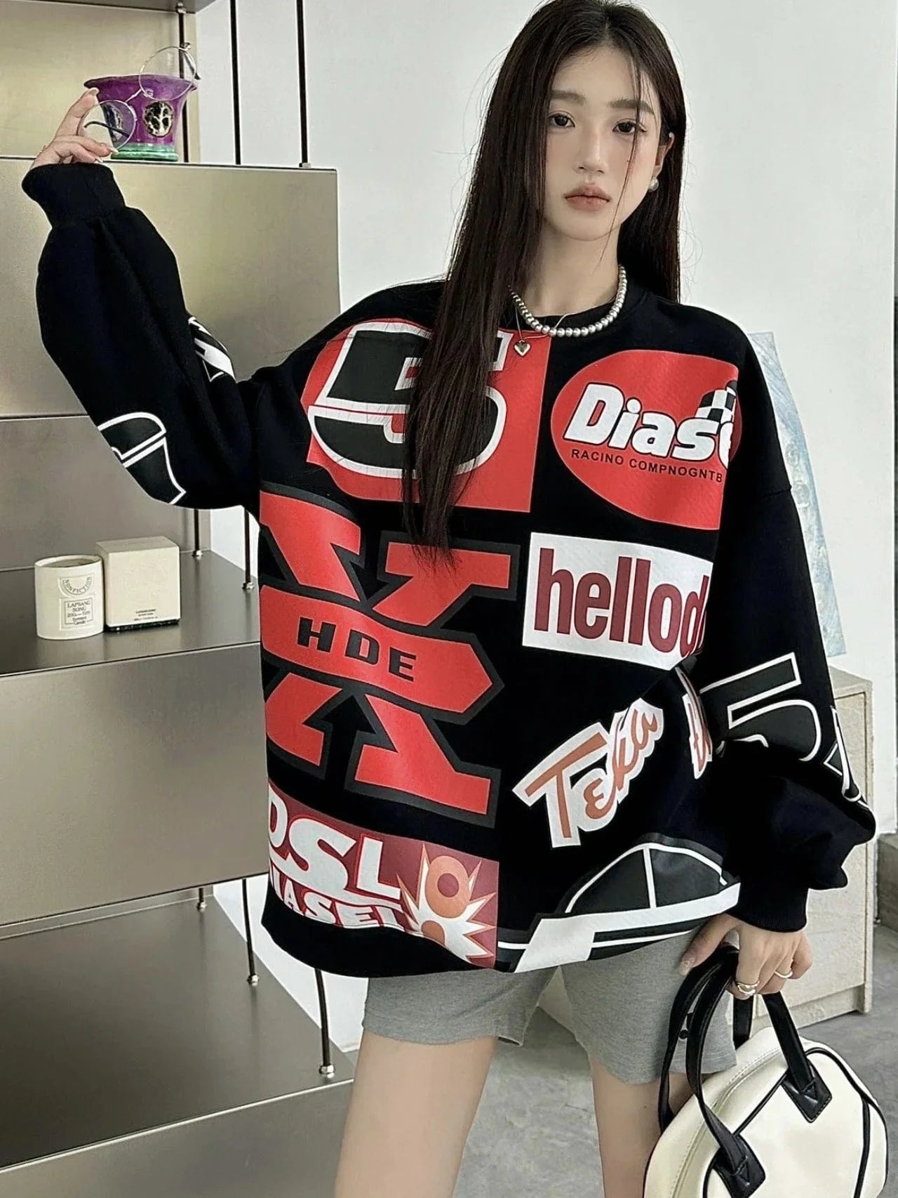 Bomblook Z1008ST Streetwear Graphic Print Oversized Pullover Shirt and Bodycon Mini Skirt Casual 2 Piece Set Women Outfits