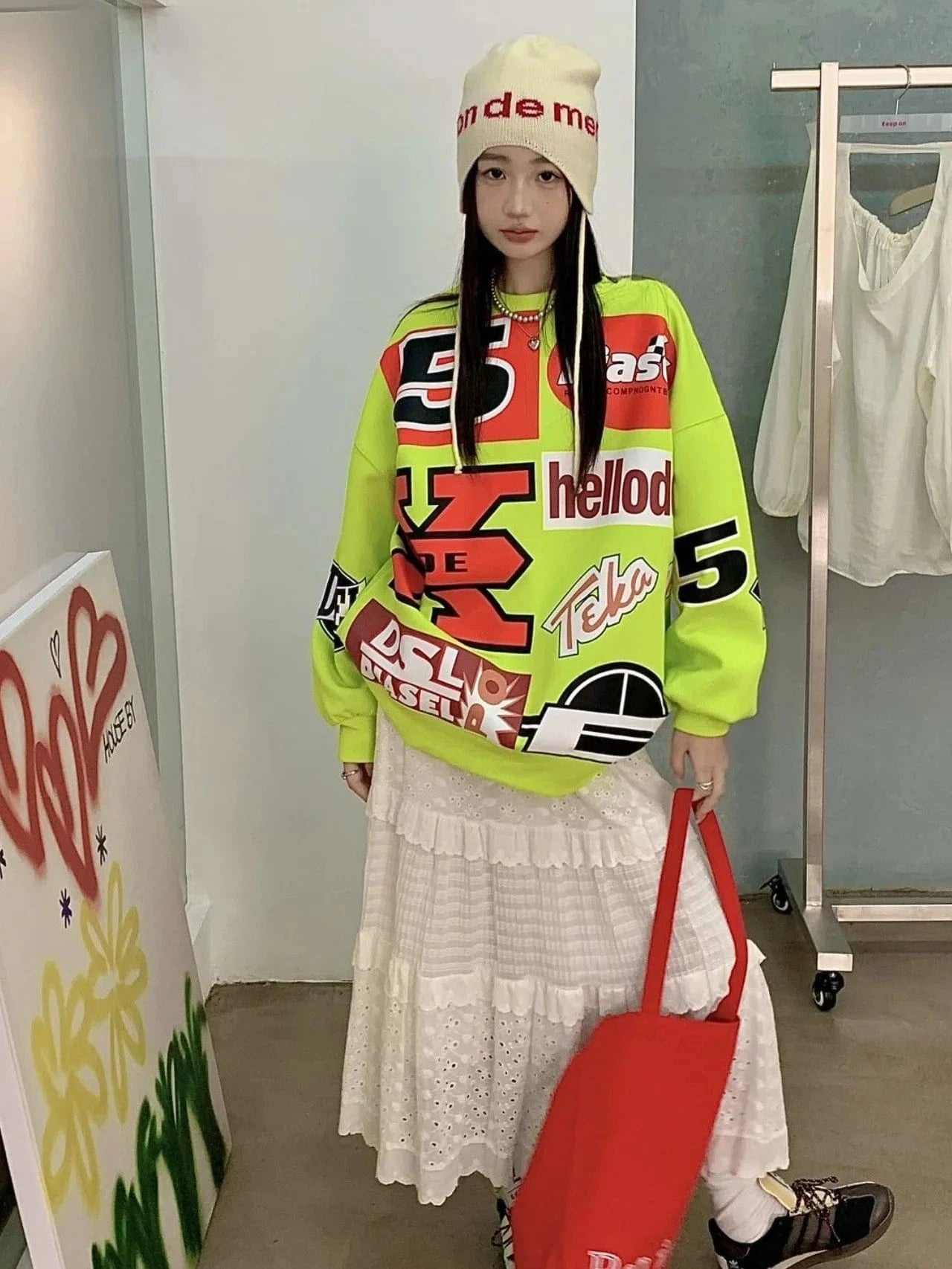 Bomblook Z1008ST Streetwear Graphic Print Oversized Pullover Shirt and Bodycon Mini Skirt Casual 2 Piece Set Women Outfits