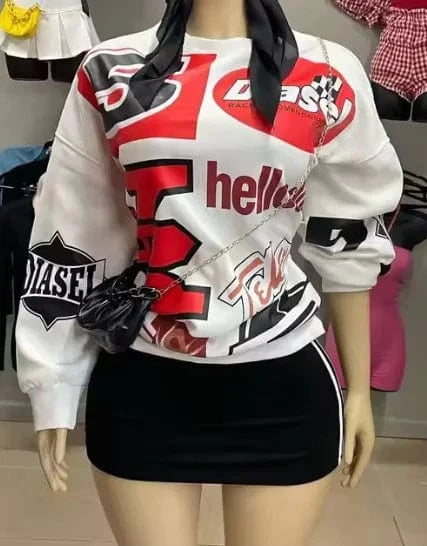 Bomblook Z1008ST Streetwear Graphic Print Oversized Pullover Shirt and Bodycon Mini Skirt Casual 2 Piece Set Women Outfits