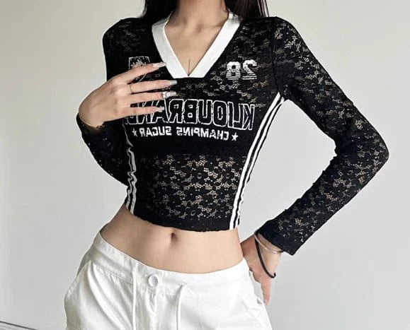 Bomblook Z1011ST 2024 2 Piece Set Long Sleeve Number Lace Crop Tops Loose Pants Suit for Women