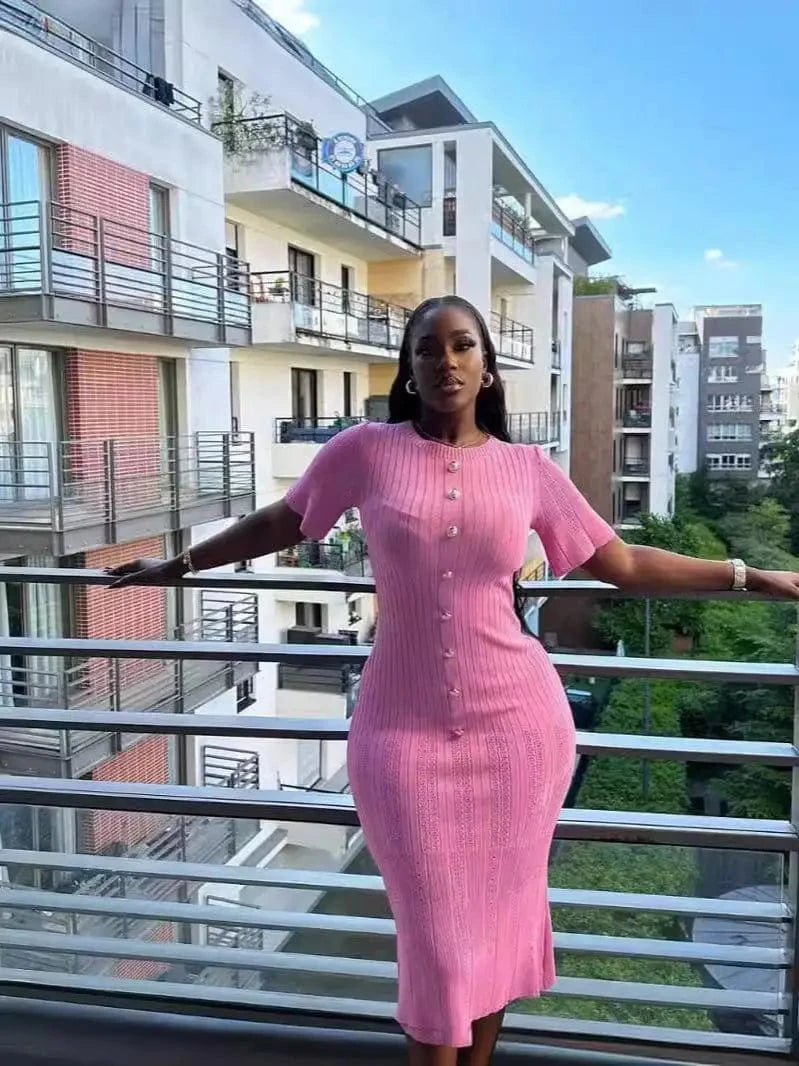 Bomblook Z726DS01 Summer Women's Short Sleeve Elegant Knitted Bodycon Dress Wrapped Midi Solid Color Dress