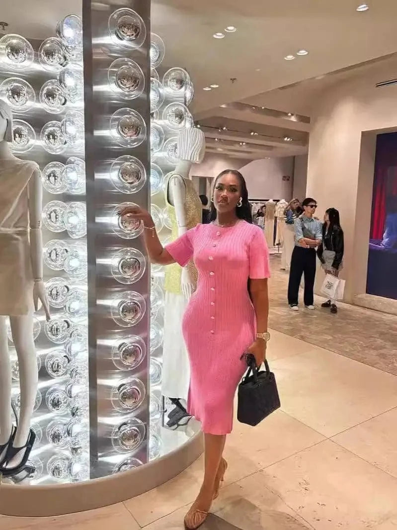Bomblook Z726DS01 Summer Women's Short Sleeve Elegant Knitted Bodycon Dress Wrapped Midi Solid Color Dress