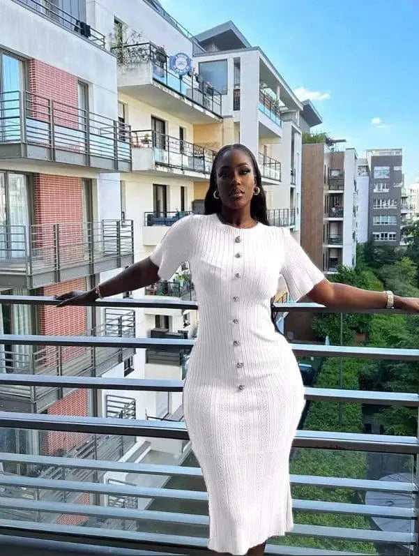 Bomblook Z726DS01 Summer Women's Short Sleeve Elegant Knitted Bodycon Dress Wrapped Midi Solid Color Dress