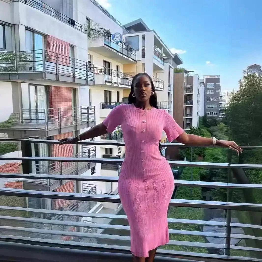 Bomblook Z726DS01 Summer Women's Short Sleeve Elegant Knitted Bodycon Dress Wrapped Midi Solid Color Dress
