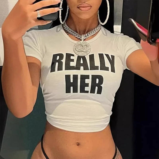 Bomblook Z808TP Top Selling Letter Pattern Printed Crew Neck Crop Top Selling Products 2024 Women Short Sleeve Top Streetwear