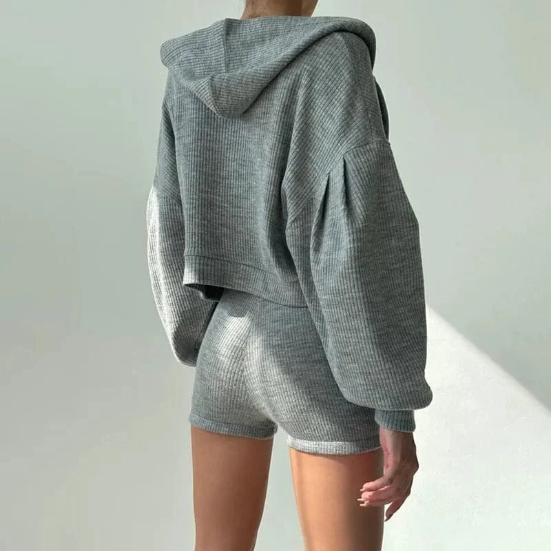 Bomblook Z910ST06 Solid Color Knitted Zipper Hooded Sweatshirt+V-neck Bra+High Waisted Tight Shorts Casual Three Piece Set Women
