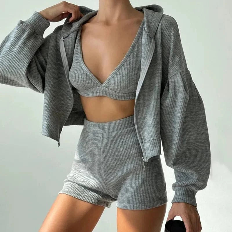 Bomblook Z910ST06 Solid Color Knitted Zipper Hooded Sweatshirt+V-neck Bra+High Waisted Tight Shorts Casual Three Piece Set Women