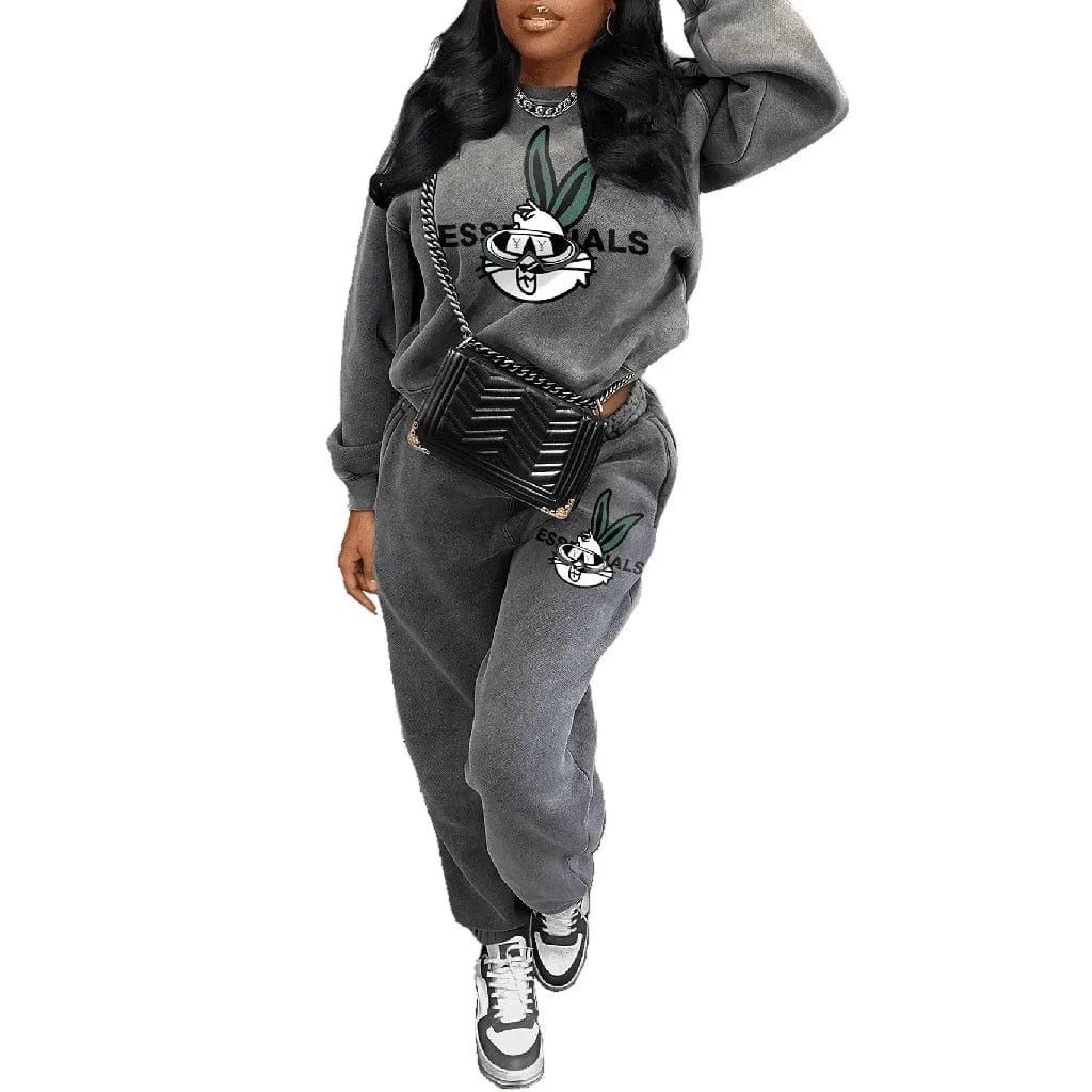 Bomblook Z919ST Round Neck Cute Rabbit Letter Printed Hoodie Pants 2 Piece Jogging Set Fashion Printed Hoodie Two-piece Set