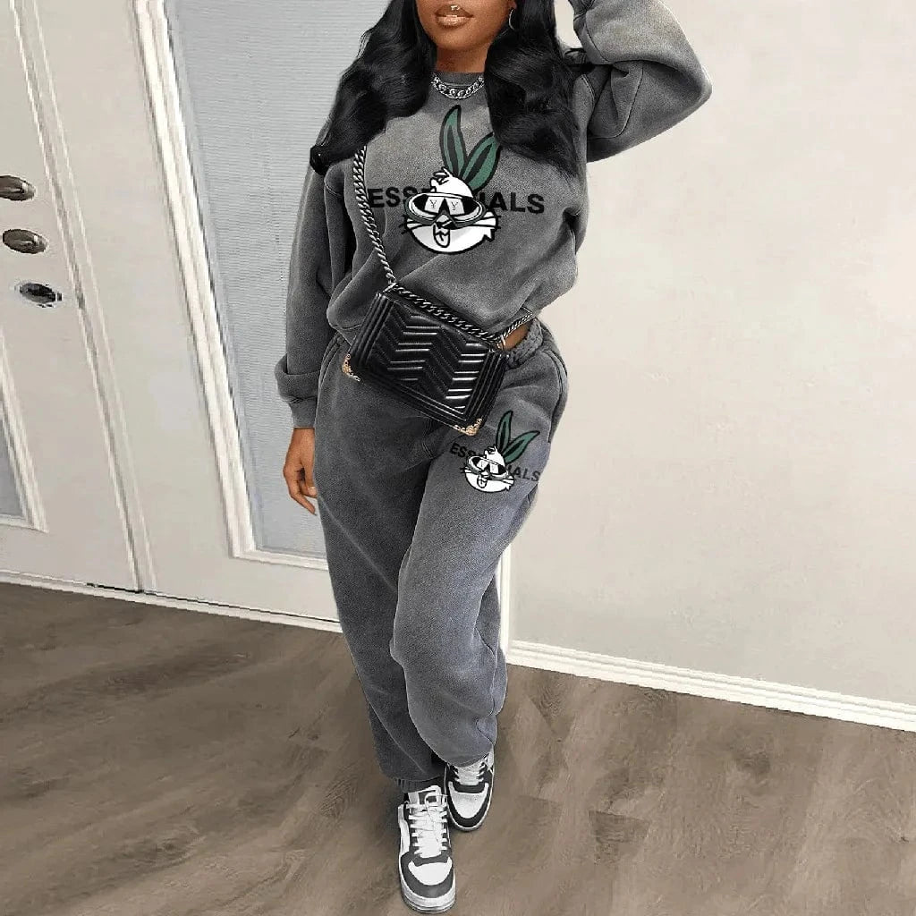 Bomblook Z919ST Round Neck Cute Rabbit Letter Printed Hoodie Pants 2 Piece Jogging Set Fashion Printed Hoodie Two-piece Set