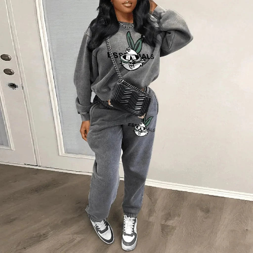 Bomblook Z919ST Round Neck Cute Rabbit Letter Printed Hoodie Pants 2 Piece Jogging Set Fashion Printed Hoodie Two-piece Set