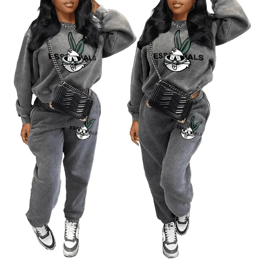 Bomblook Z919ST Round Neck Cute Rabbit Letter Printed Hoodie Pants 2 Piece Jogging Set Fashion Printed Hoodie Two-piece Set