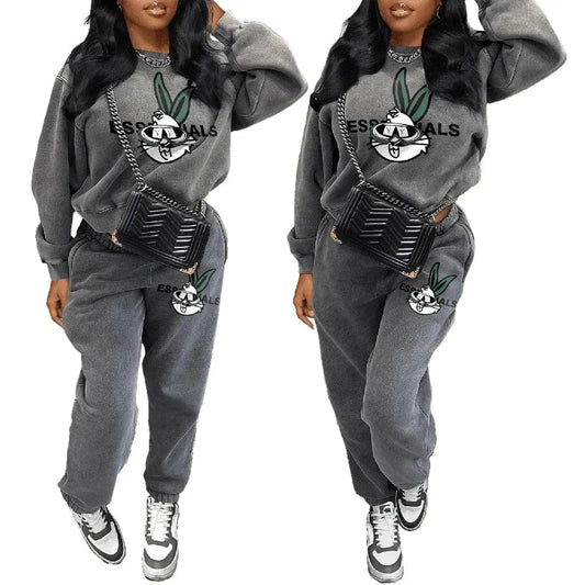 Bomblook Z919ST Round Neck Cute Rabbit Letter Printed Hoodie Pants 2 Piece Jogging Set Fashion Printed Hoodie Two-piece Set