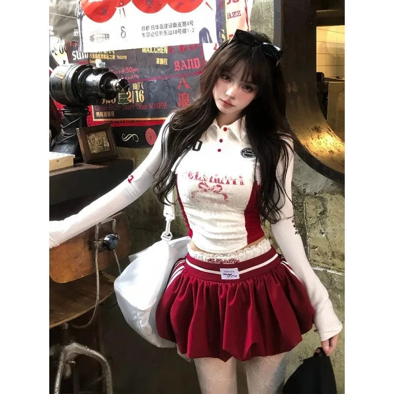 Bomblook Z923ST06 Sweet Patchwork 2 Piece Skirt Sets Women Sexy Lace Longsleeve T Shirt and Mini Bubble Skirt Set Mini Set