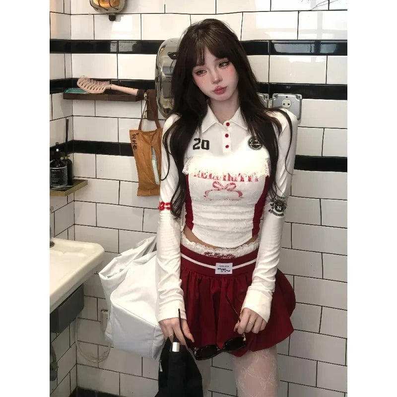Bomblook Z923ST06 Sweet Patchwork 2 Piece Skirt Sets Women Sexy Lace Longsleeve T Shirt and Mini Bubble Skirt Set Mini Set