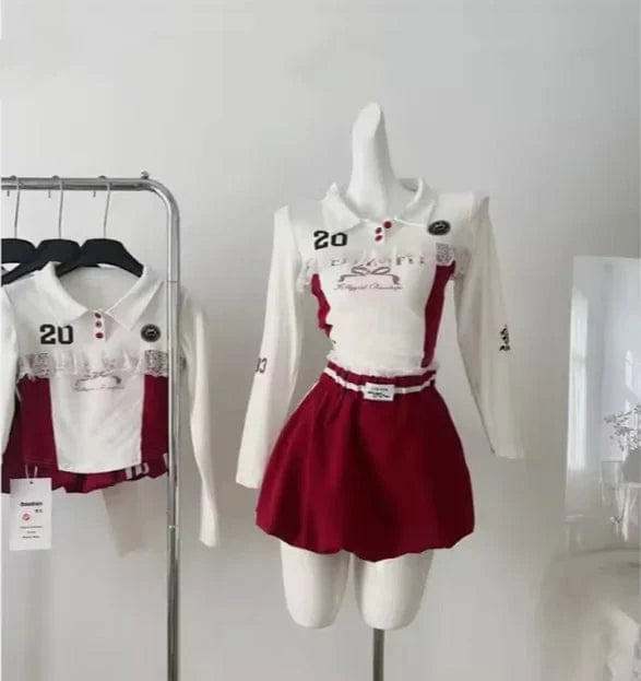 Bomblook Z923ST06 Sweet Patchwork 2 Piece Skirt Sets Women Sexy Lace Longsleeve T Shirt and Mini Bubble Skirt Set Mini Set