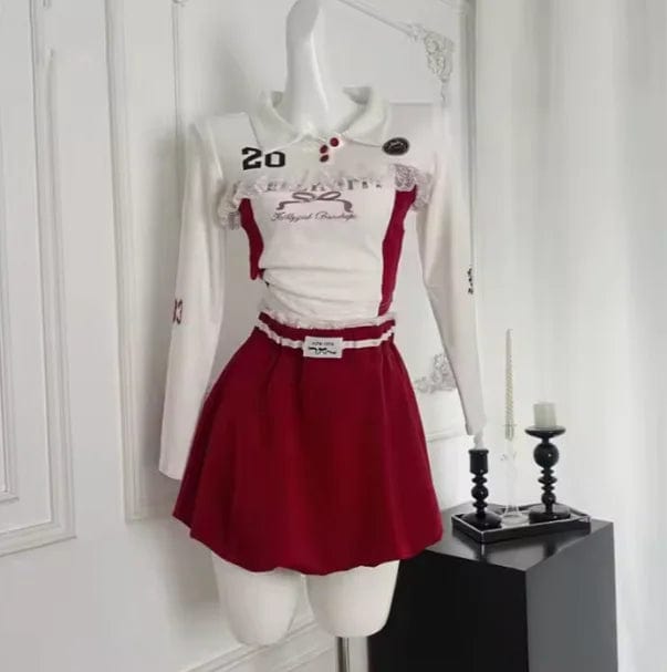 Bomblook Z923ST06 Sweet Patchwork 2 Piece Skirt Sets Women Sexy Lace Longsleeve T Shirt and Mini Bubble Skirt Set Mini Set