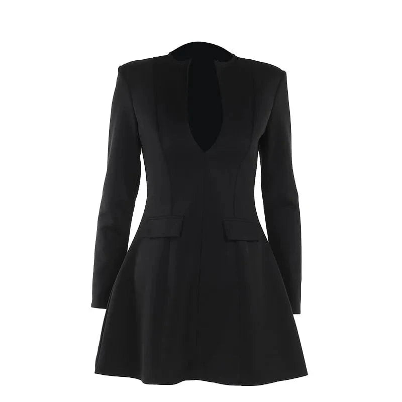 Bomblook Z928DS Elegant Solid Office Lady Blazer Dress Women Hipster Sexy Deep V-Neck Long Sleeve Bodycon Mini Dresses
