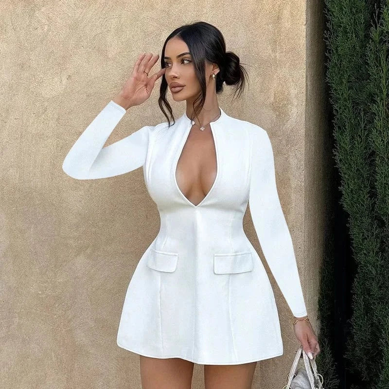 Bomblook Z928DS Elegant Solid Office Lady Blazer Dress Women Hipster Sexy Deep V-Neck Long Sleeve Bodycon Mini Dresses