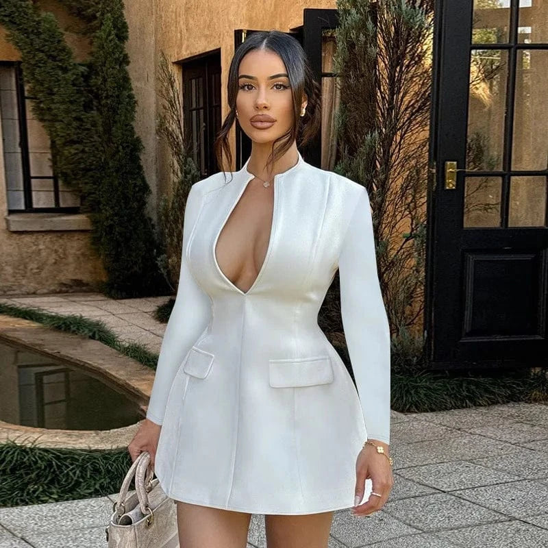 Bomblook Z928DS Elegant Solid Office Lady Blazer Dress Women Hipster Sexy Deep V-Neck Long Sleeve Bodycon Mini Dresses