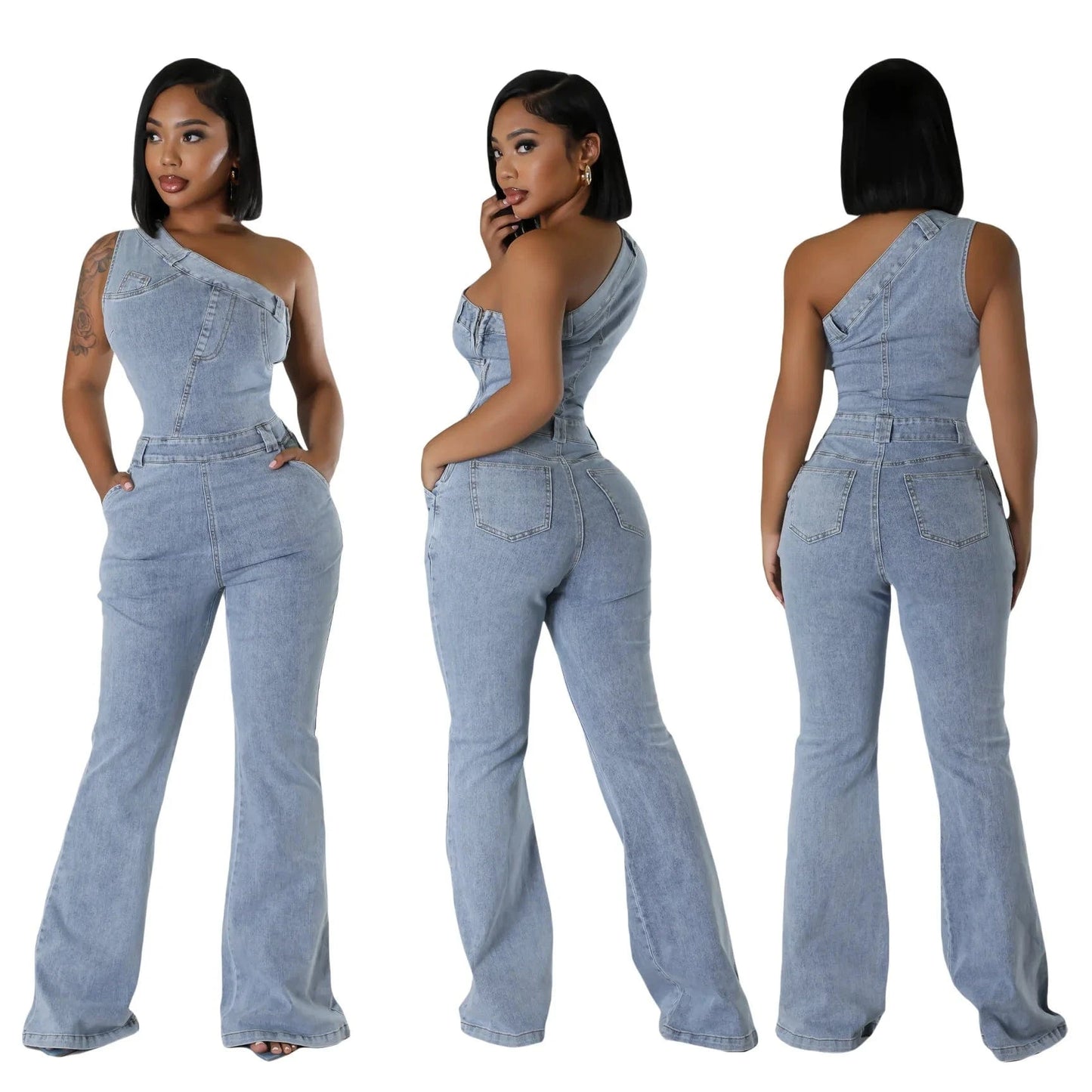 Bomblook Z929JP Female Diagonal Shoulder Tight Waist Slim Fit Elastic Wash Denim Jumpsuit Flared Pants