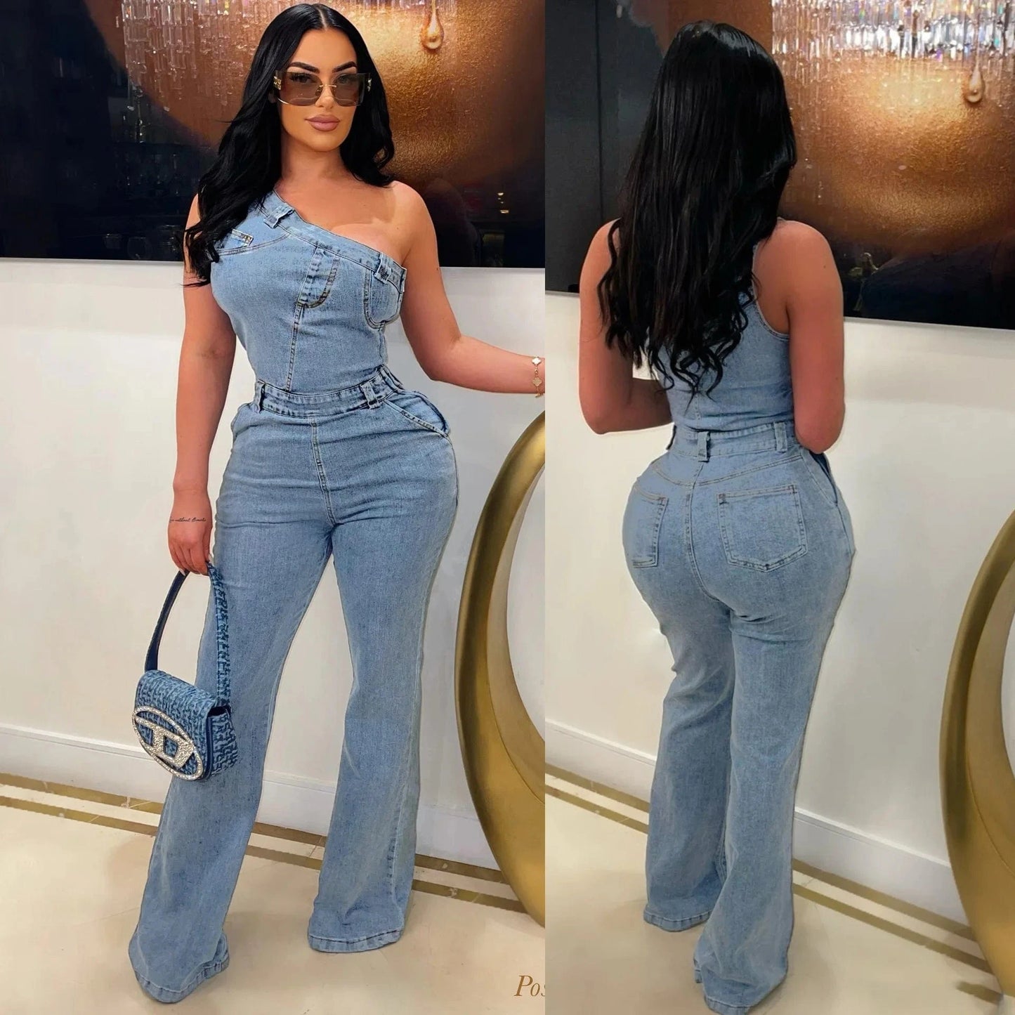 Bomblook Z929JP Female Diagonal Shoulder Tight Waist Slim Fit Elastic Wash Denim Jumpsuit Flared Pants