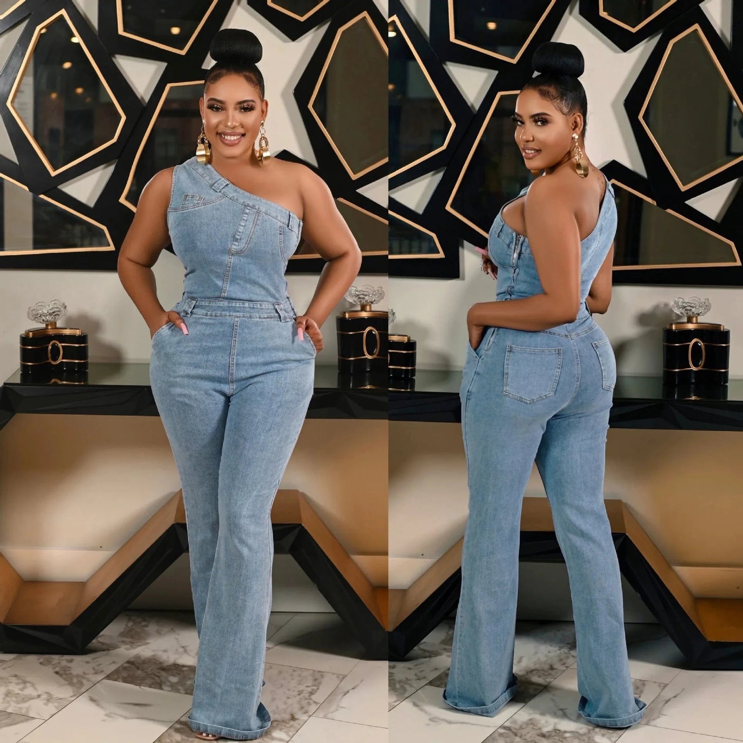Bomblook Z929JP Female Diagonal Shoulder Tight Waist Slim Fit Elastic Wash Denim Jumpsuit Flared Pants