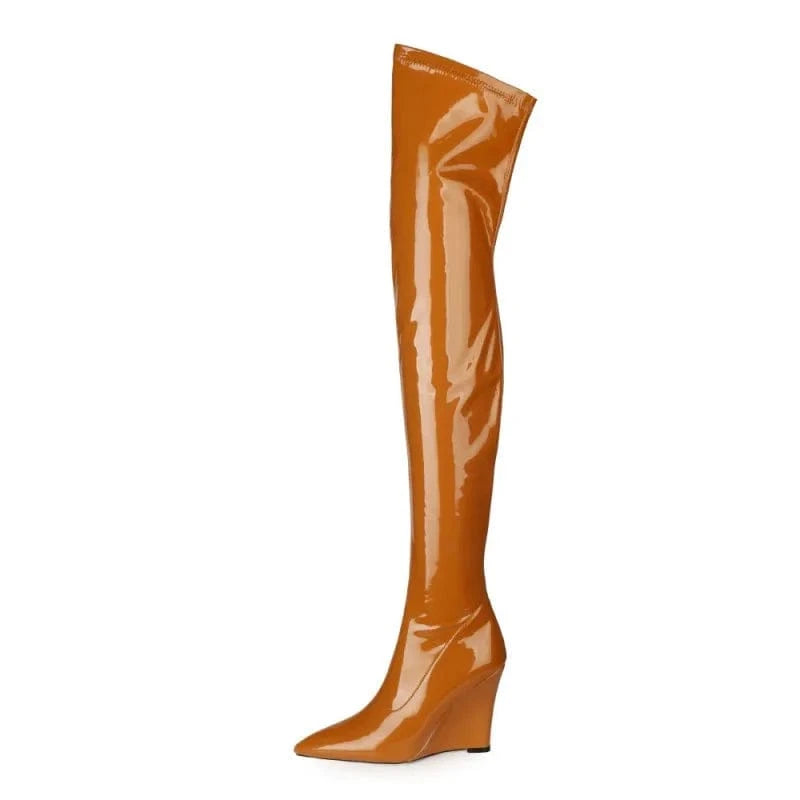 Botas Altas Luxury Design Ladies Over Knee Long Boots Patent Leather Pointy Toe Wedge Heel Elastic Thigh High Boots For Women