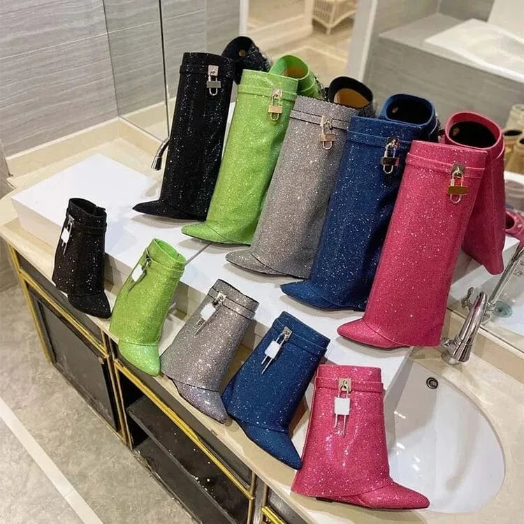 Botines Mujer Shark Lock Fashion Wedge Heel Shiny Diamond Rhinestone Short Boots for Women Shoes