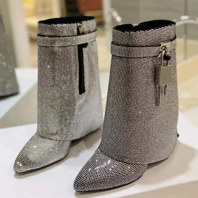 Botines Mujer Shark Lock Fashion Wedge Heel Shiny Diamond Rhinestone Short Boots for Women Shoes