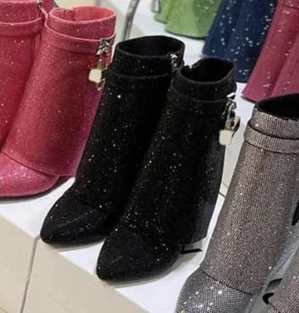 Botines Mujer Shark Lock Fashion Wedge Heel Shiny Diamond Rhinestone Short Boots for Women Shoes